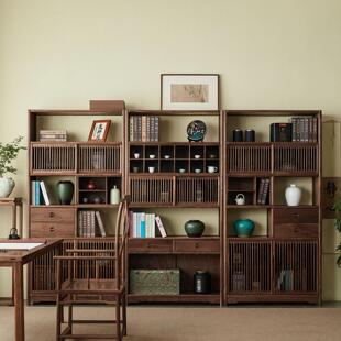 杪轩新中式博古架组合黑胡桃实木书柜展示柜置物架落地榆木储物柜