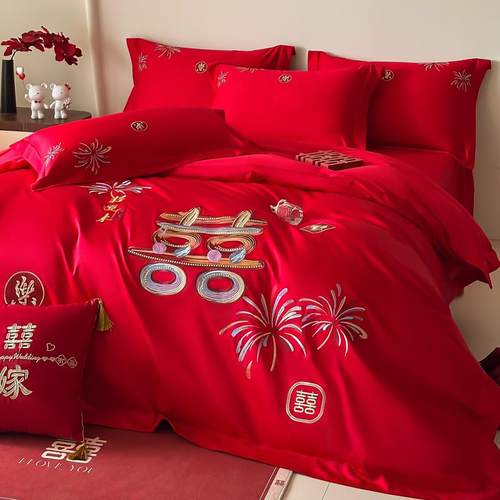 结婚四件套床上用品高档红色喜庆婚嫁婚房被套罩喜被床单2025新款