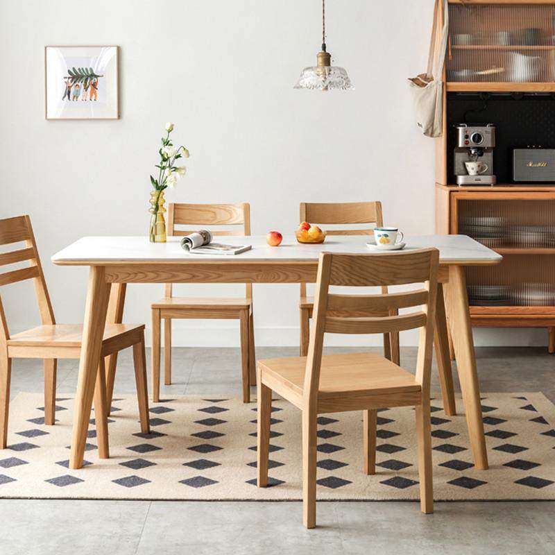 北欧实木饭桌小户型白色岩板餐桌现代简约红橡木原木方形家用桌子