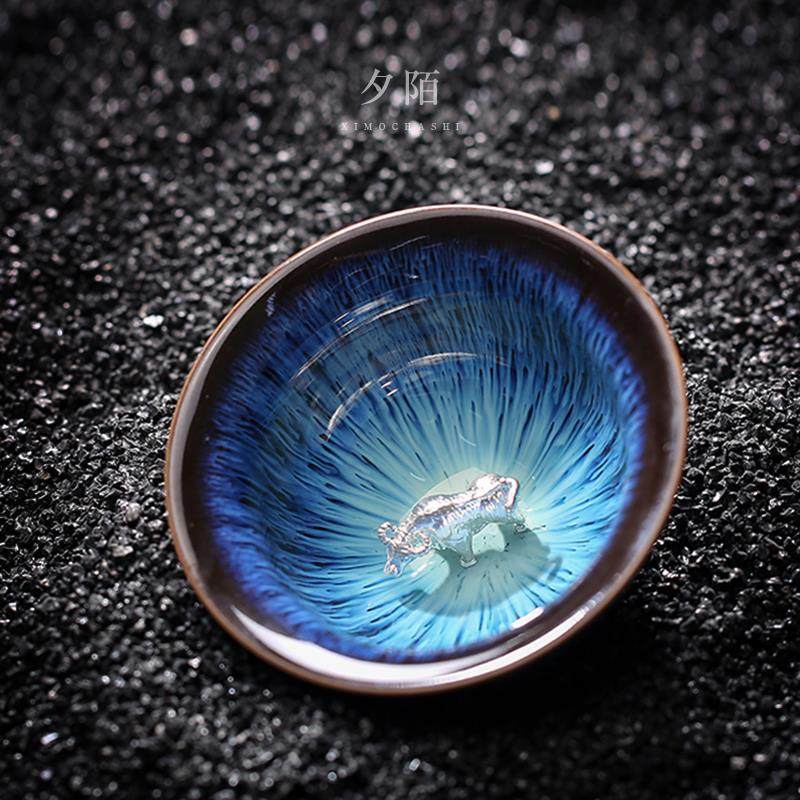 夕陌镶银茶杯窑变天目十二生肖建盏主人杯单杯陶瓷茶盏银杯品茗杯
