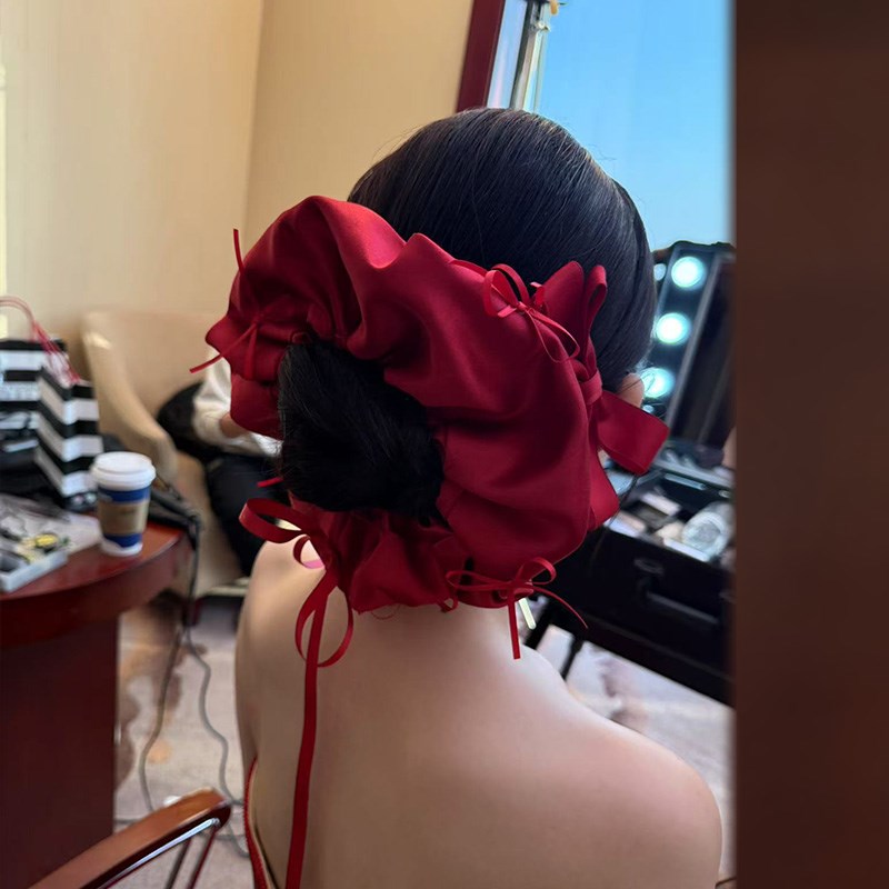 韩式酒红缎面大肠发圈高级甜美蝴蝶结丝带时尚新娘敬酒服礼服头饰