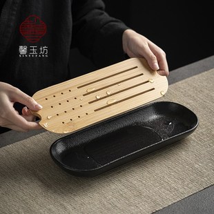 茶盘小型干泡盘黑陶办公茶具简约竹面板茶台茶海 馨玉坊陶瓷储水式