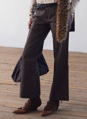 null none 早秋 棕色细条纹中低腰微喇九分裤