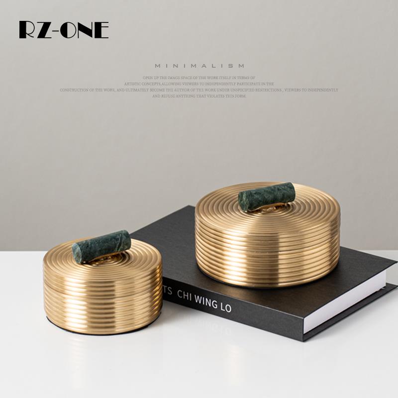 Rzone 高档黄铜圆形金属首饰收纳盒样板房酒柜书房书桌装饰品摆件