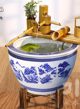 流水趣 庭院莲花陶瓷水缸竹排竹子流水循环流水摆件流水器鱼缸