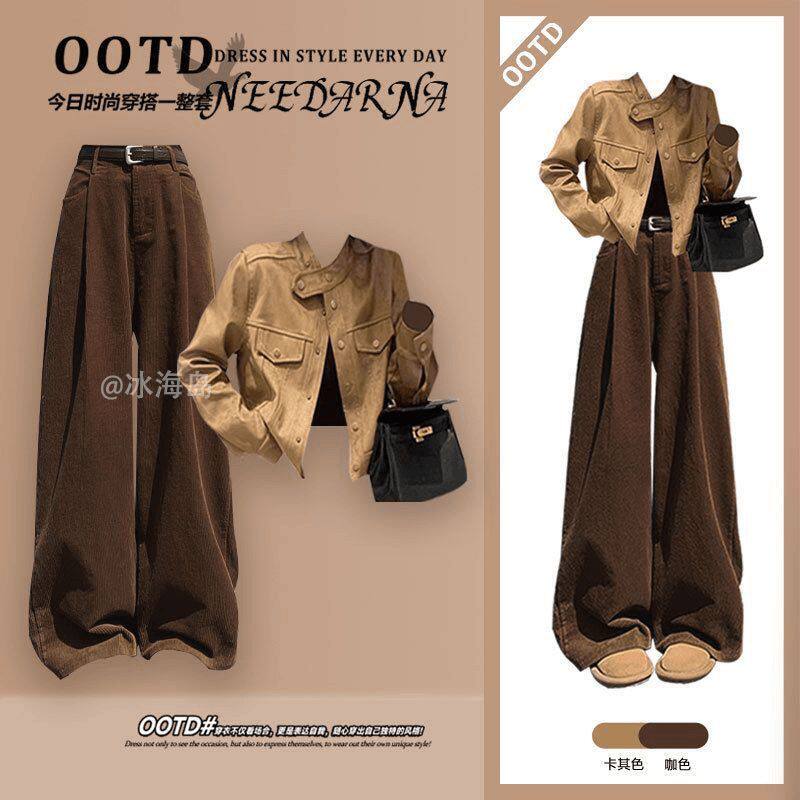 高级感美拉德穿搭韩系短外套秋装搭配一整套又酷又飒的牛仔套装裤