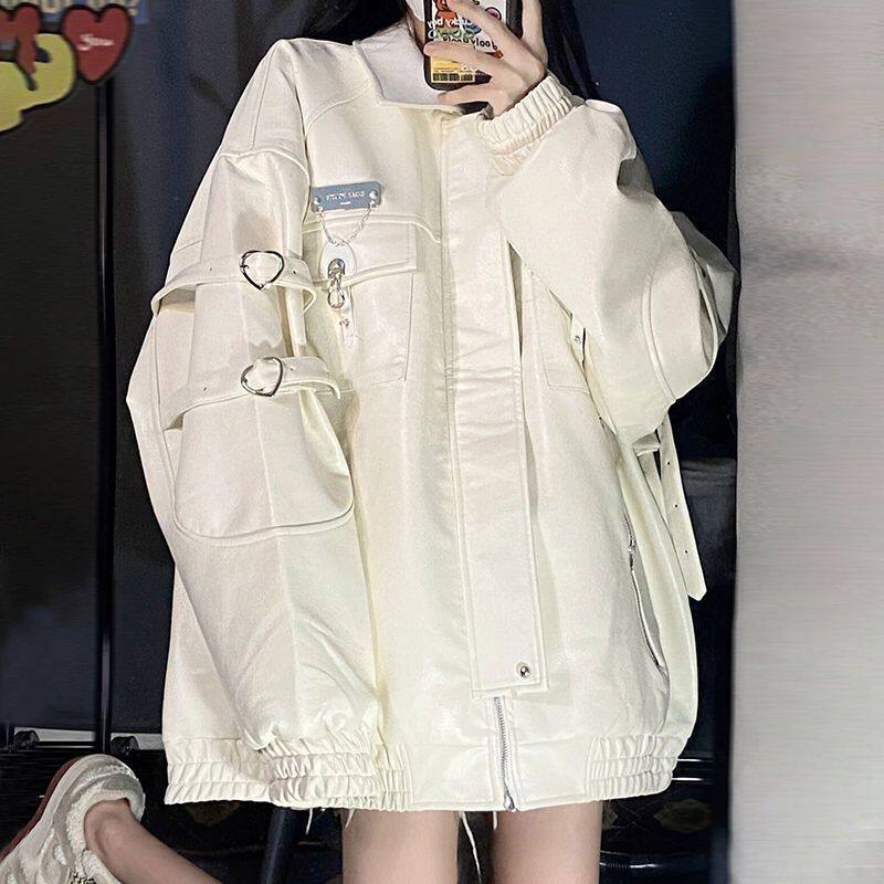 大码米白色棒球服PU皮衣外套女春秋美式复古设计感小众机车服夹克