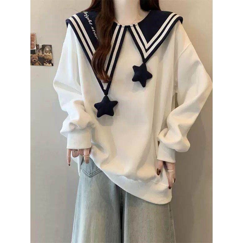 大码女装学院风设计感撞色海军领卫衣女早秋胖mm宽松显瘦时尚上衣