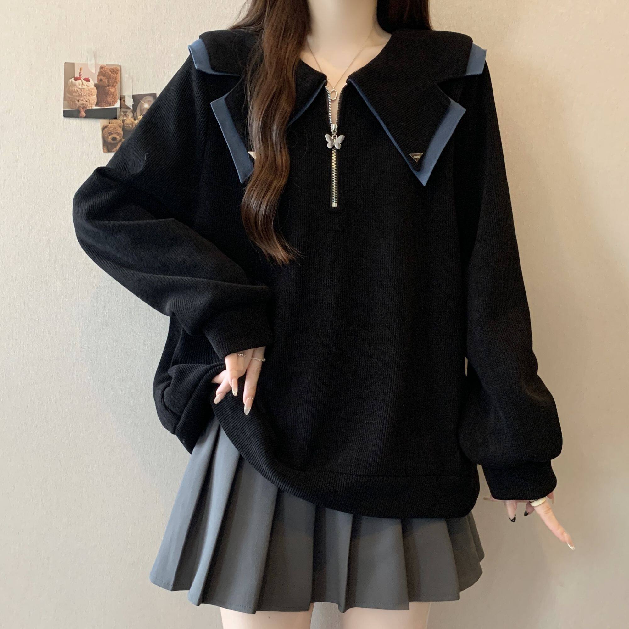 半拉链翻领正肩灯芯绒卫衣女2026秋季新款大码胖mm加绒雪尼尔上衣