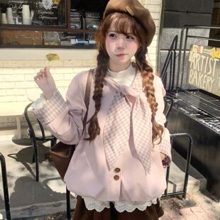 粉格信笺 秋冬韩系少女粉色拼接格纹风衣+蕾丝内搭打底+咖色短裙
