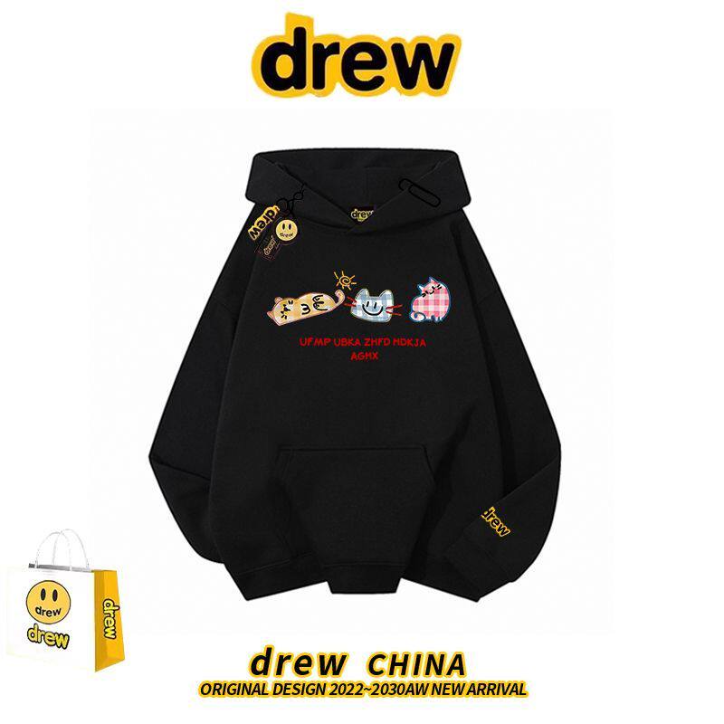 drew重磅美式趣味卡通印花连帽加绒卫衣女男情侣款春秋冬宽松帽衫