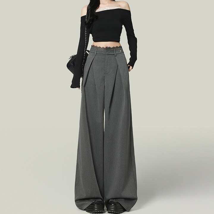 Forever 21设计感蕾丝拼接阔腿西装裤女灰色高腰宽松垂感休闲裤子