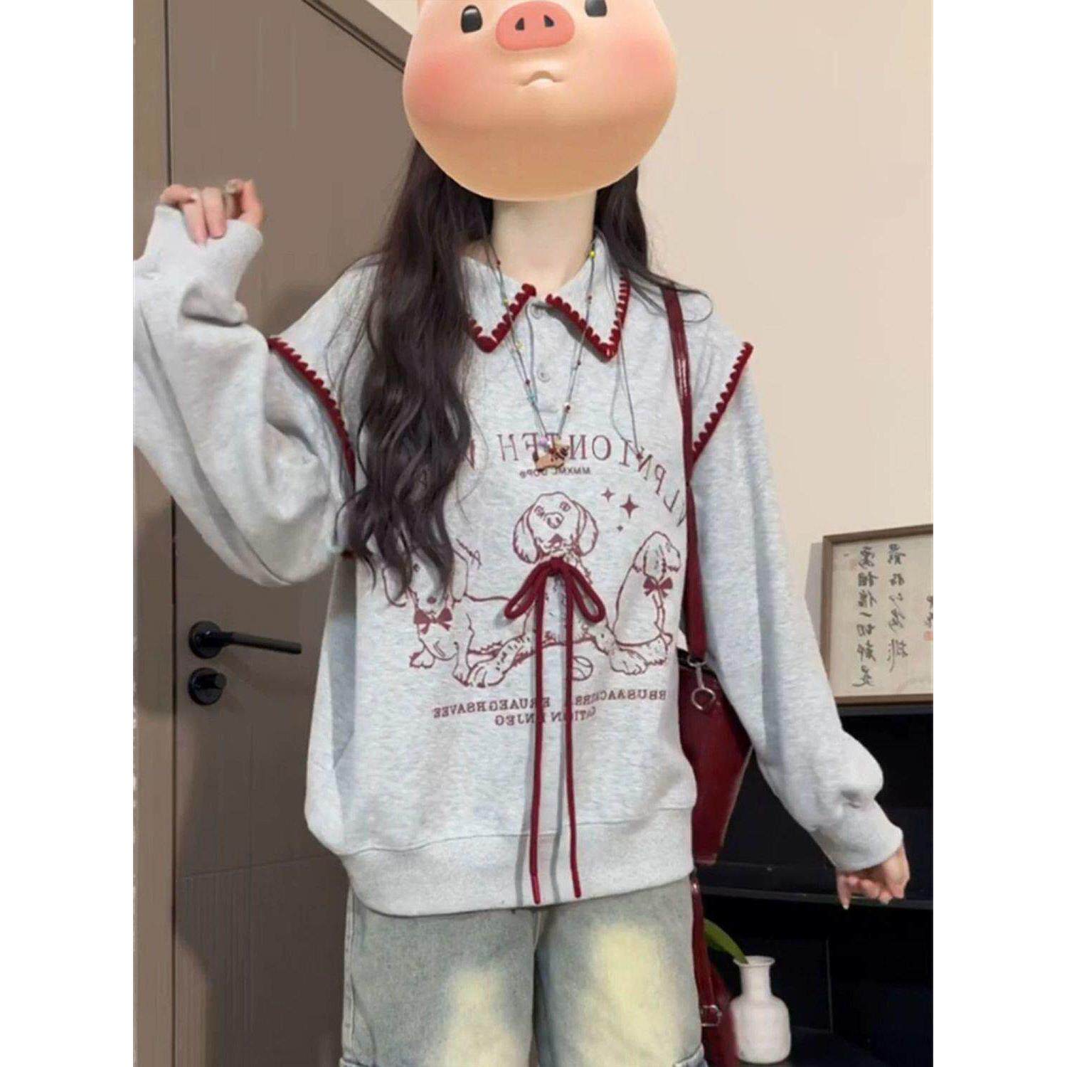 2026新款学院风小狗印花polo领卫衣女秋冬加绒宽松蝴蝶结拼接上衣