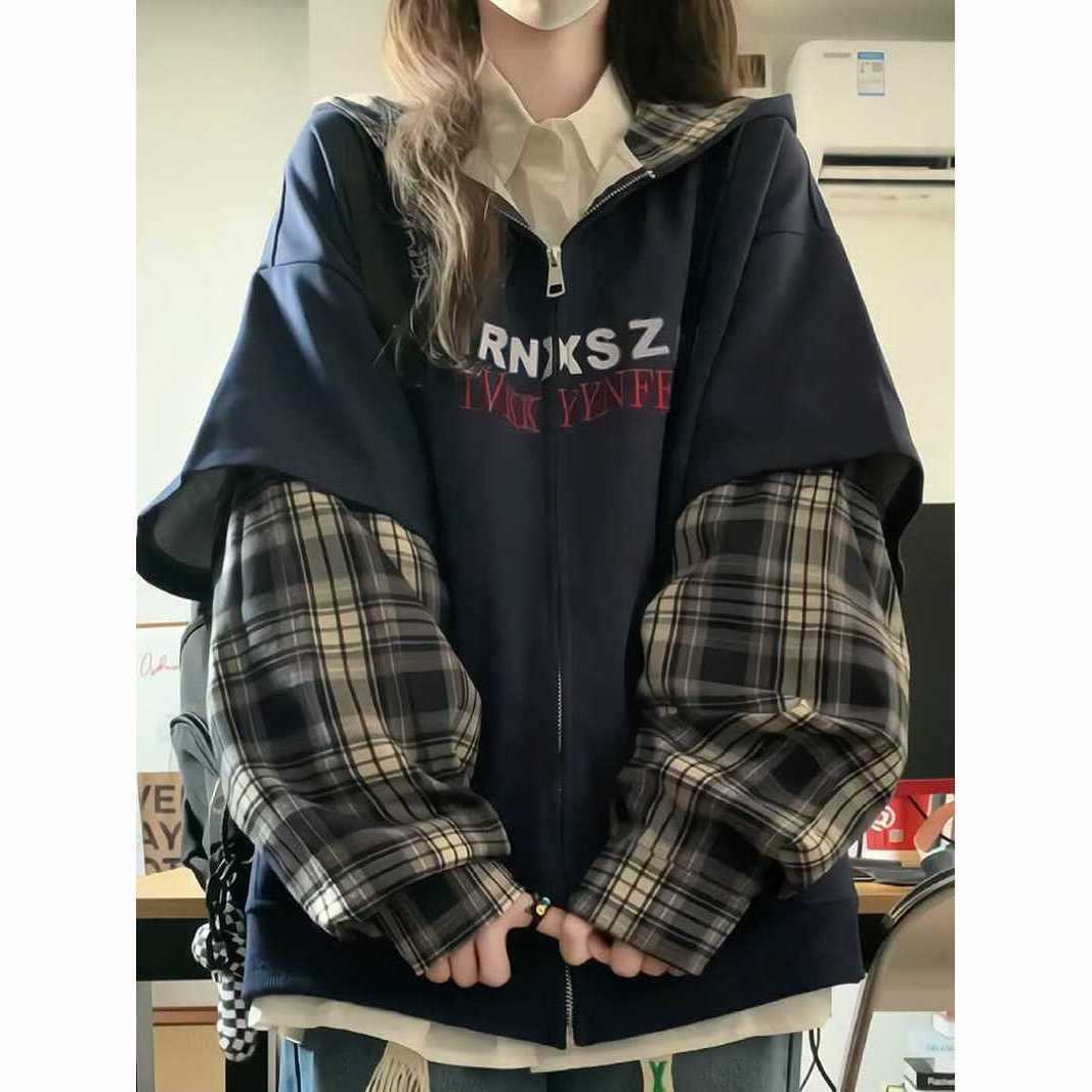 美式假两件格子连帽卫衣女春秋设计感秋冬加绒加厚宽松慵懒风外套