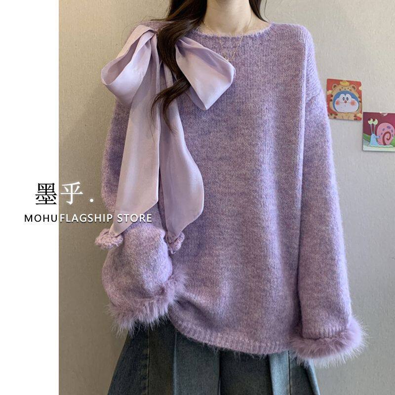 高级感紫色蝴蝶结慵懒毛衣女2026秋冬大码胖mm中长款超好看针织衫