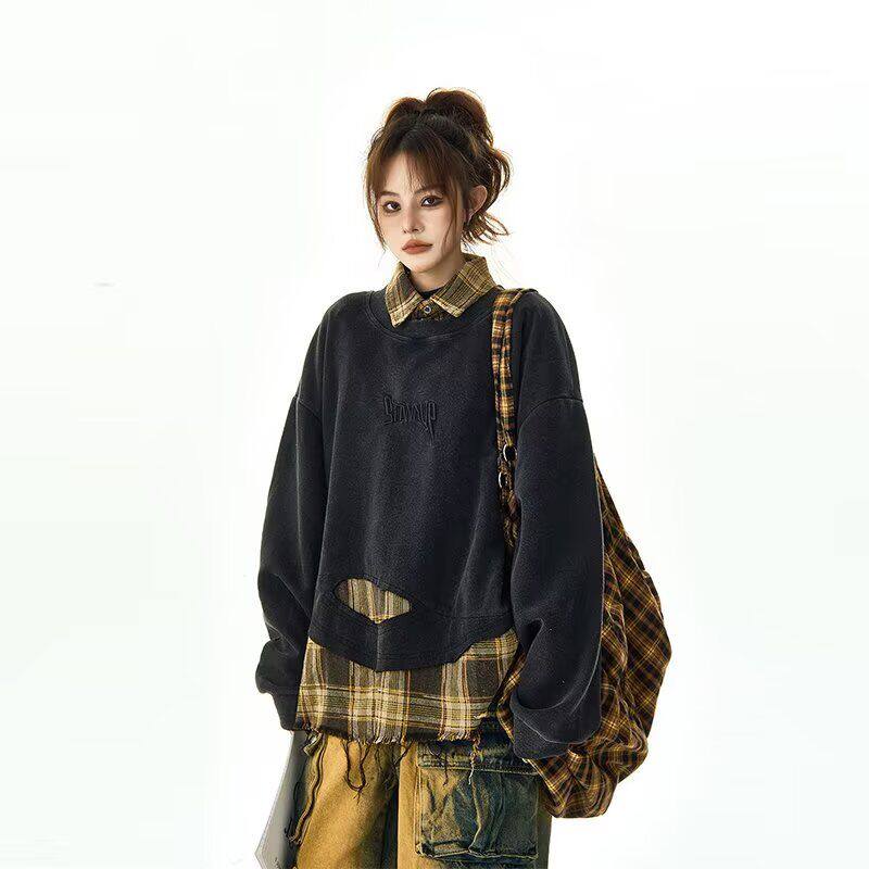 达蒙岛原创设计复古格子拼接破坏假两件卫衣女2026新款情侣上衣男