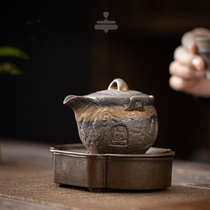 敦煌手抓壶陶瓷家用复古喝茶壶鎏金铁釉老岩泥功夫茶具球孔过滤壶