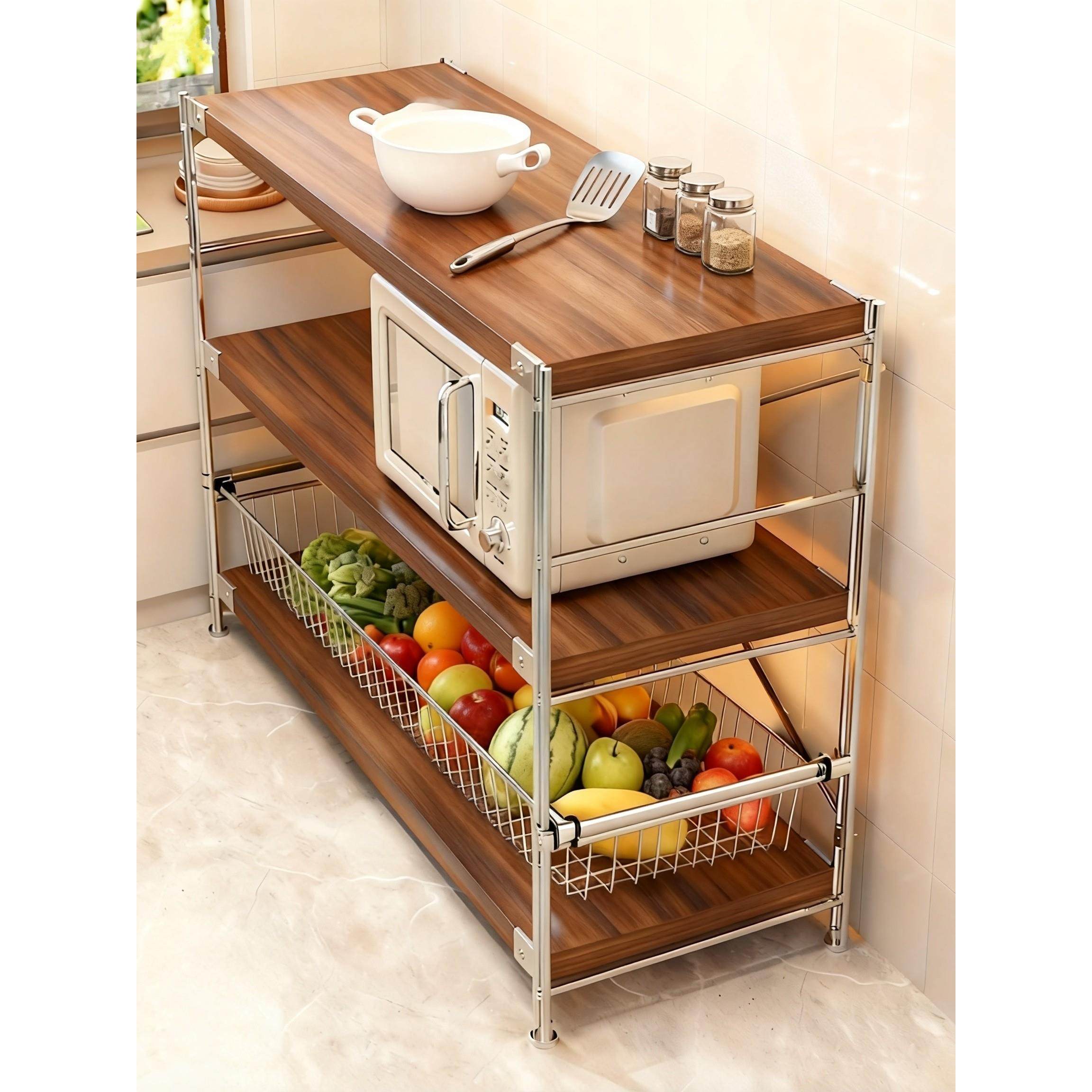 厨房置物架电器果蔬收纳架中古风多层落地调料品储物架抽拉式拉篮,厨房/烹饪用具,厨房置物架/置物柜/角架,淘宝优惠券,粉丝福利购,淘宝优惠卷