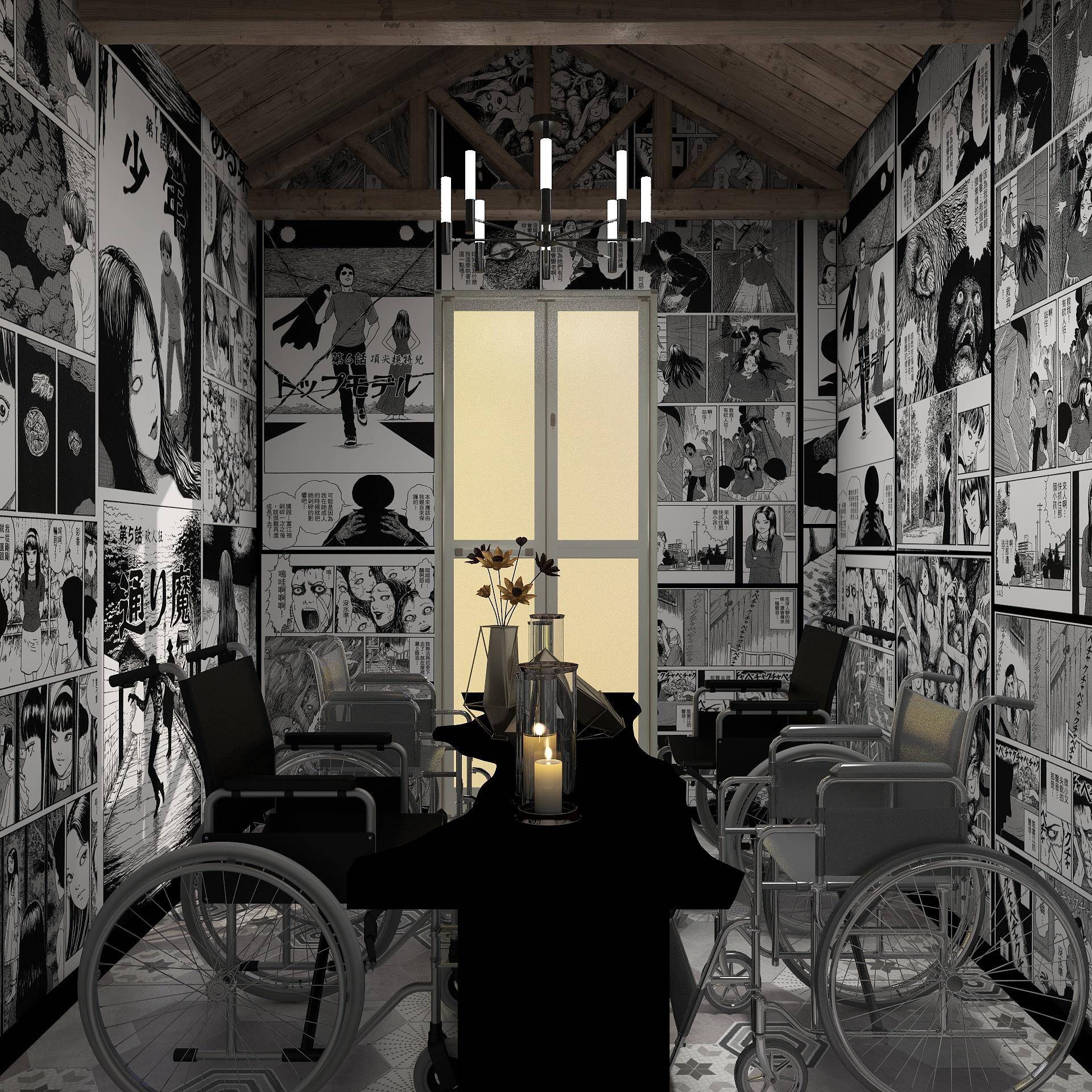 卡通动漫富江墙纸剧本杀密室逃脱桌游馆装修墙布恐怖黑白漫画壁纸