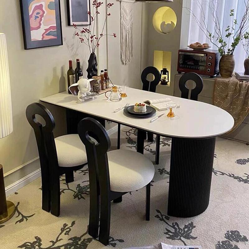 奶油风岩板餐桌家用现代简约小户型餐桌椅组合半圆奶油风吃饭桌子