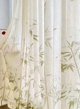 窗帘绿色竹叶新中式纱帘书房茶楼客厅飘窗麻纱道具背景装饰古风