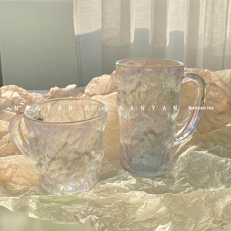 冰川图案玻璃手柄风格磨砂渐变色饮用杯女性高颜值果汁咖啡杯