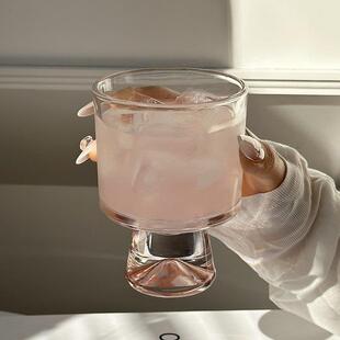 粉色山脉玻璃杯子水杯高级感小众创意高脚饮品杯咖啡杯甜筒杯酒杯