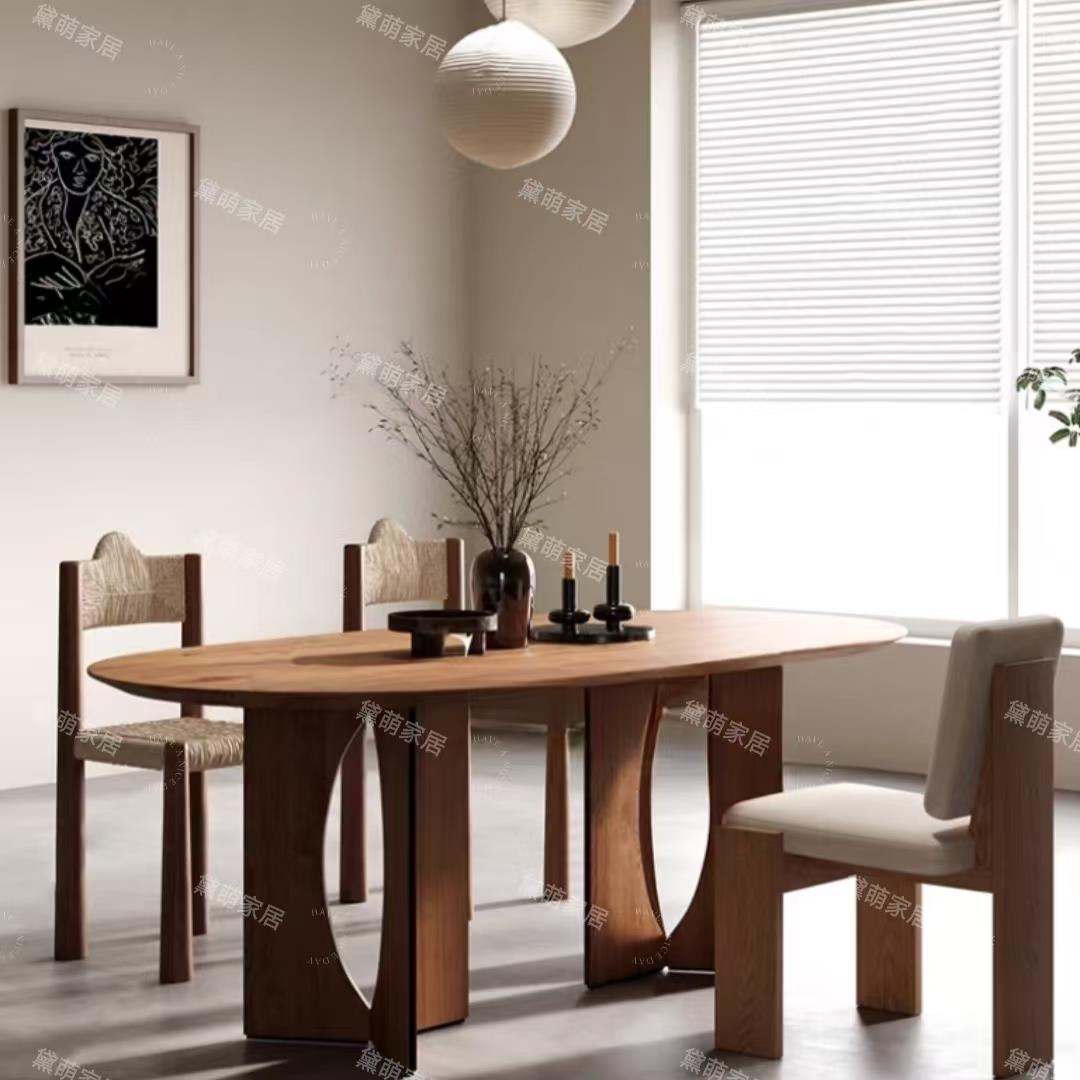 中古风实木餐桌法式复古家用椭圆形饭桌现代简约长方形原木洽谈桌