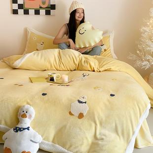 牛奶绒四件套加厚可爱鸭保暖床单被套毛巾绣加绒床上用品 卡通冬季