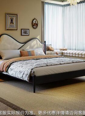 法式复古现真皮床代简约古风奢卧室实60450木软包布艺床美式中轻