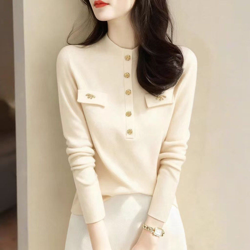 时尚气质立体排扣针织衫女春秋新款宽松半高领打底衫洋气内搭上衣,女装/女士精品,毛针织衫,淘宝优惠券,粉丝福利购,淘宝优惠卷