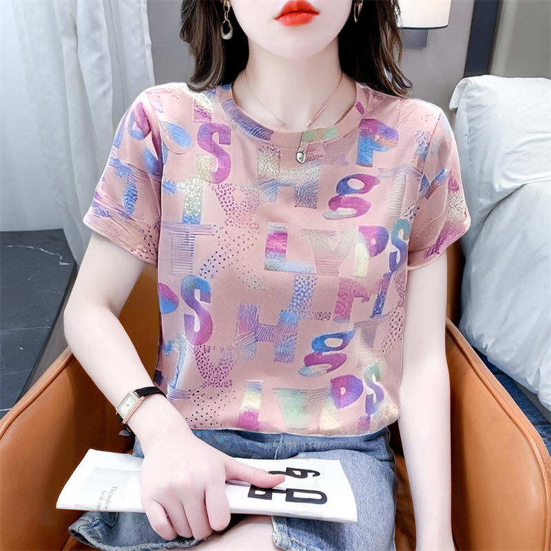 烫金印花纯棉短袖T恤女夏季新款宽松显瘦百搭圆领小众设计感上衣