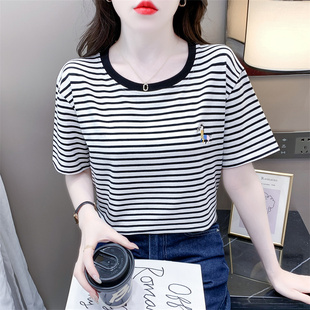 黑白细条纹短袖t恤女宽松显瘦纯棉半袖体恤女夏季新款刺绣女上衣