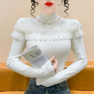 法式钉珠荷叶边半高领针织衫女春秋气质轻熟风修身打底显瘦上衣潮