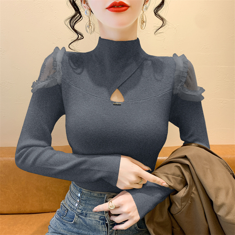 网纱拼接半高领针织打底衫女毛衣