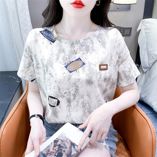 纯棉洋气圆领设计感上衣服 时尚 印花T恤女新款 宽松百搭薄款 女夏装