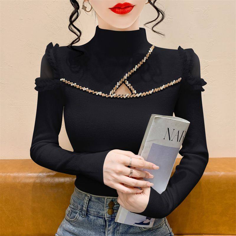 时尚镂空钉珠半高领打底毛衣秋冬新款蕾丝拼接长袖针织衫修身上衣