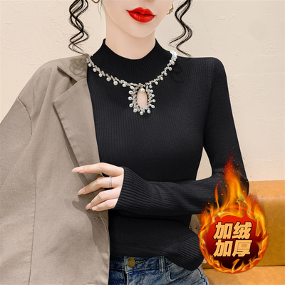 钉珠镂空加绒加厚半高领针织衫女
