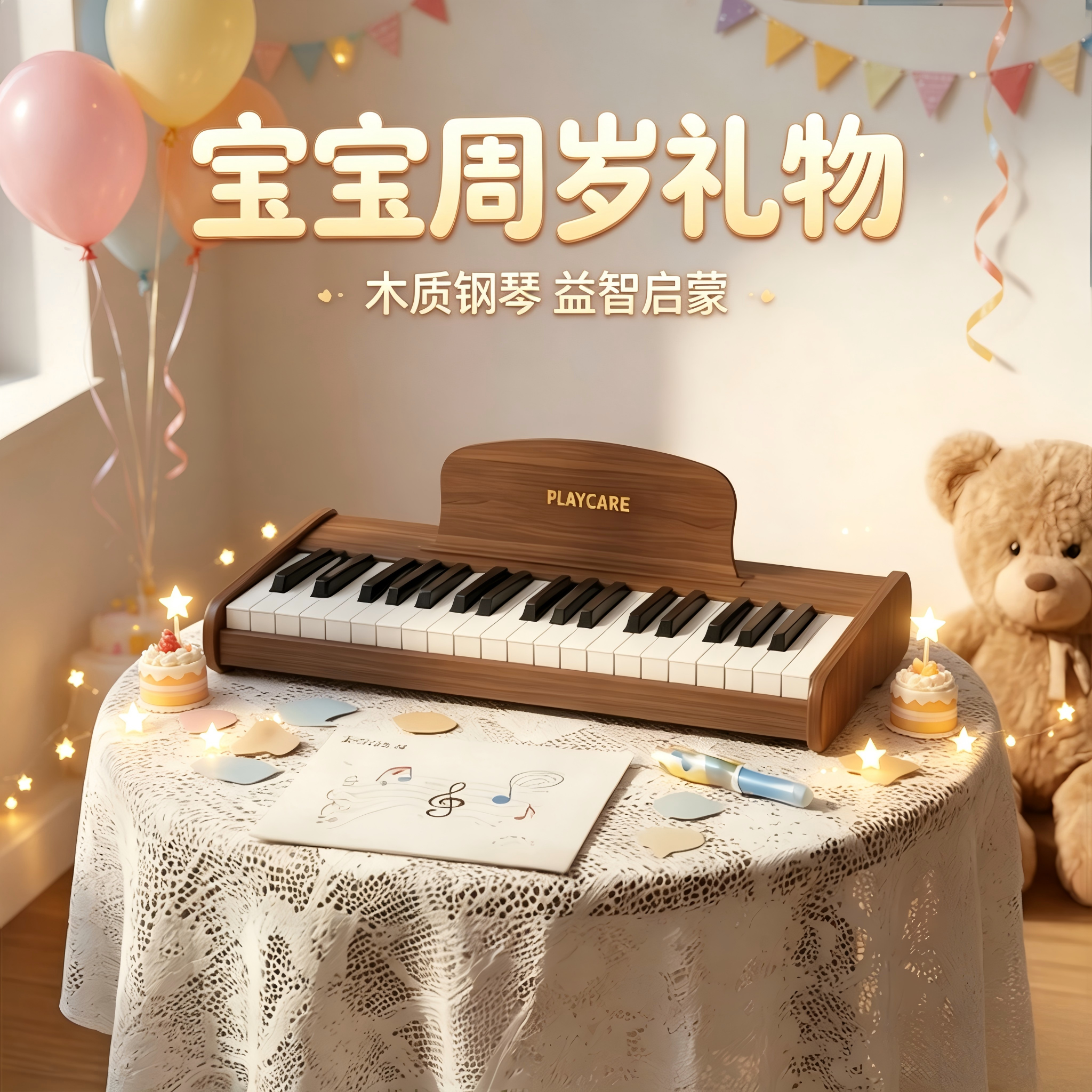 PLAYCARE木质小钢琴电子琴入门宝宝幼儿男孩女孩周岁婴儿玩具礼物