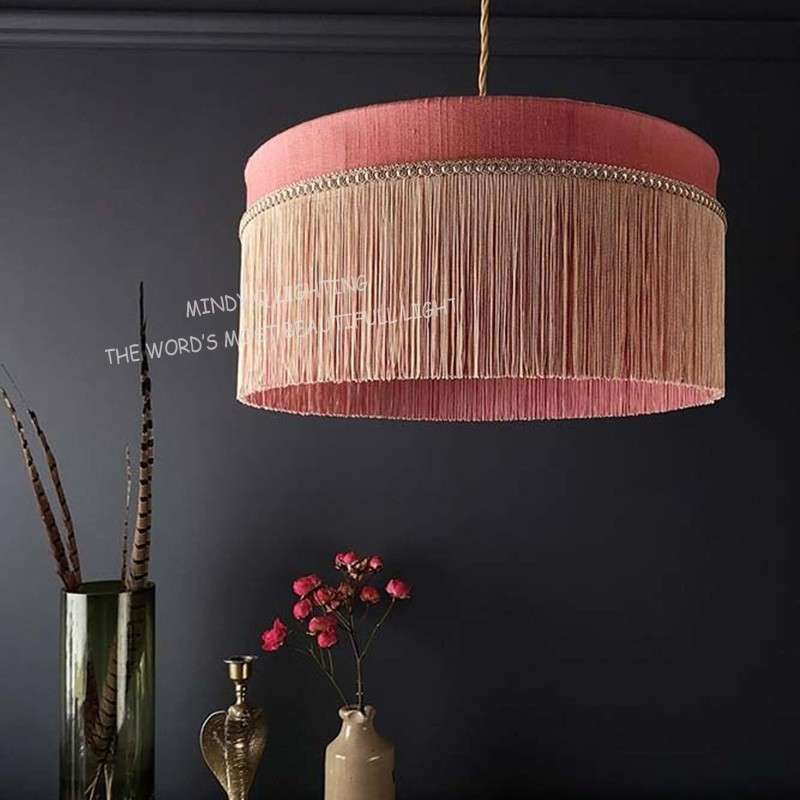 波西米亚流苏布艺编织吊灯田园丝线粉色儿童房样板卧室客厅灯