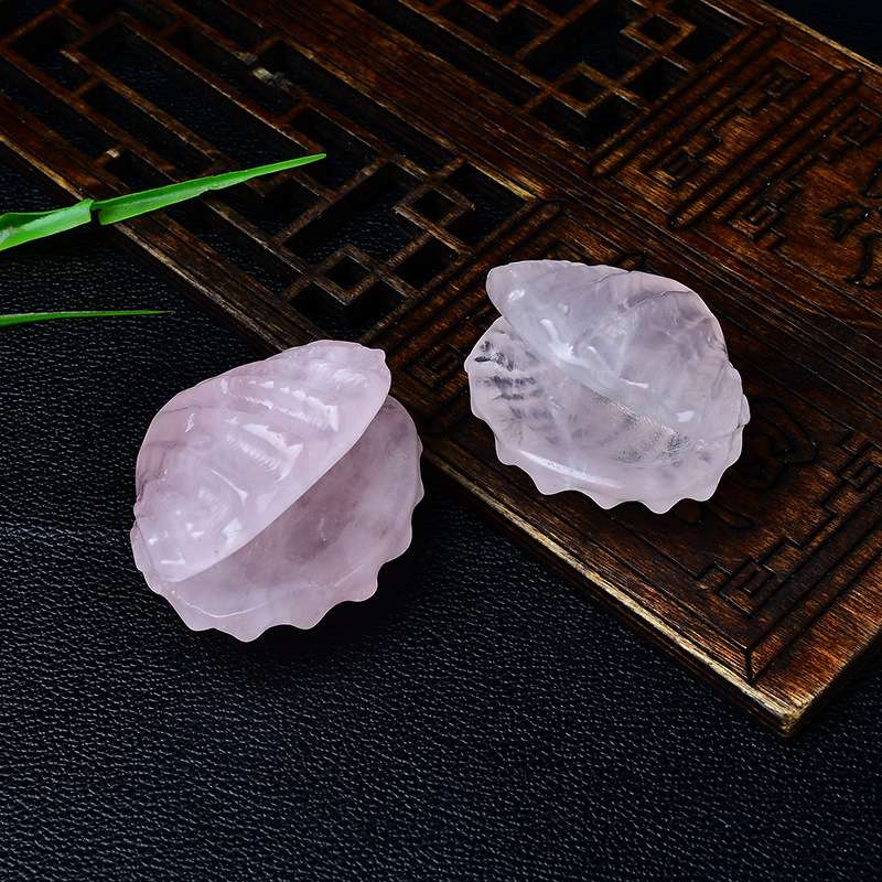 天然白水晶贝壳摆件粉晶原石雕刻家居客厅办公桌面装饰品