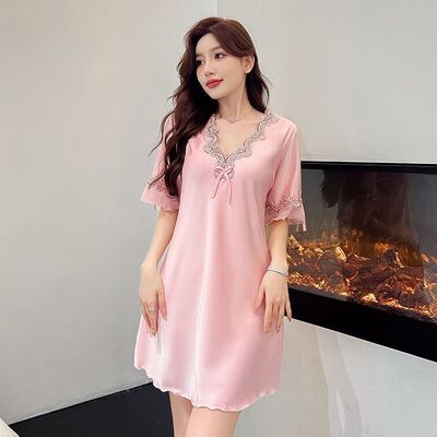 【下单立减50】H冰丝睡裙蕾丝睡衣女士家居服短袖大码睡裙NY062