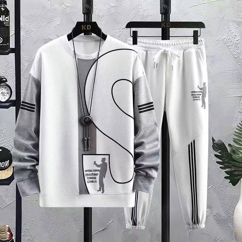 【下单立减50】H春季新款大码华夫格套装休闲运动男两件套NZ275