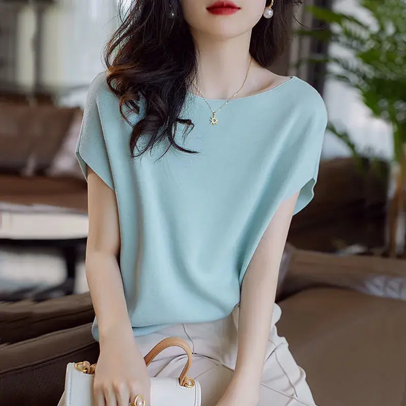 女装2024纯色 针织t恤短袖冰丝蝙蝠衫夏季新款英伦风薄款套头上衣