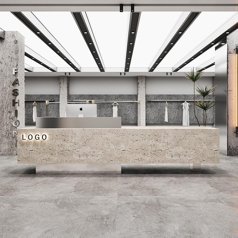 服装店吧台收银台小型柜台民宿酒店美容院接待台侘寂风洞石前台桌