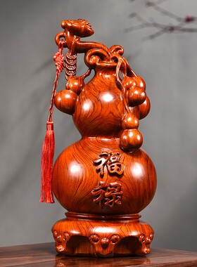 梨木雕如意葫芦一对瓶实木客厅红木质家居装饰送礼品