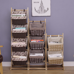 家用置物架落地储物架卧室客厅书报架多层收纳田园布艺零食收纳架