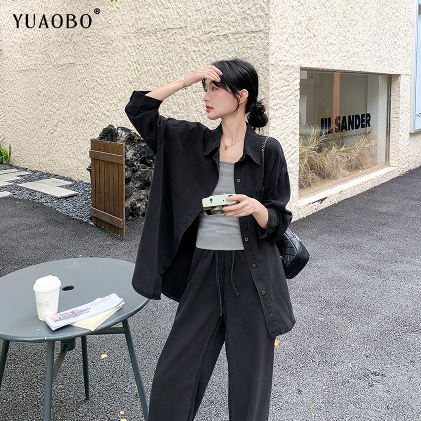 黑色休闲牛仔衬衫套装女秋季2026新款时尚超好看穿搭阔腿裤两件套