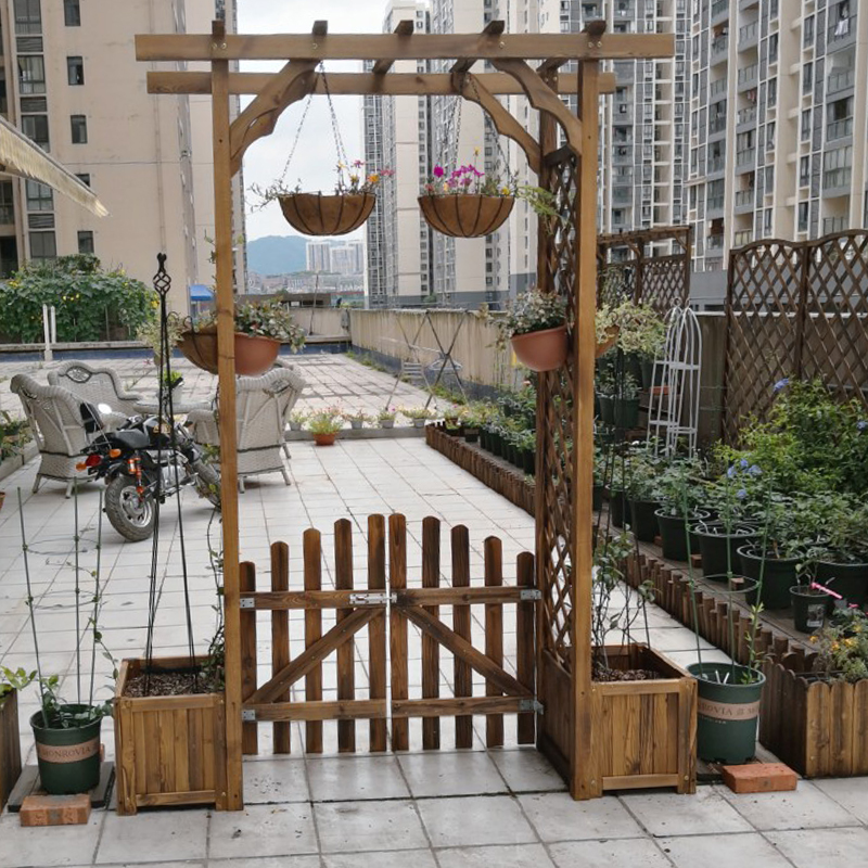 户外庭院碳化防腐木拱门花架实木爬藤架花园网格葡萄架子木质花箱