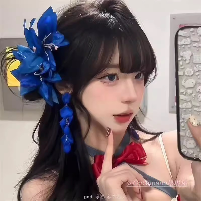 蓝色百合花朵发夹侧边假花头饰仿真花刘海发卡高颜值发饰拍照配饰